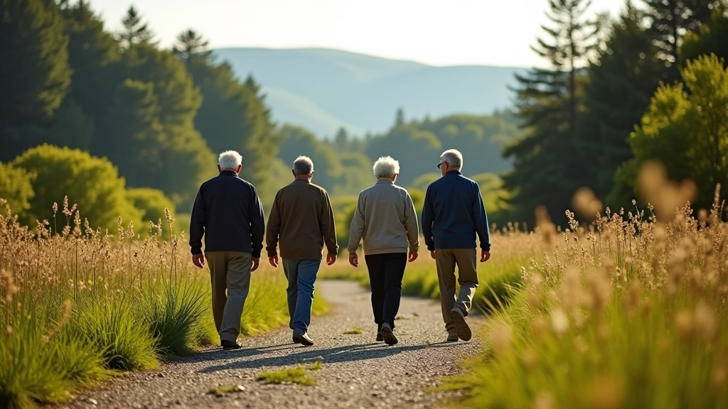 Senior walkers on nature trail with scenic landscape views