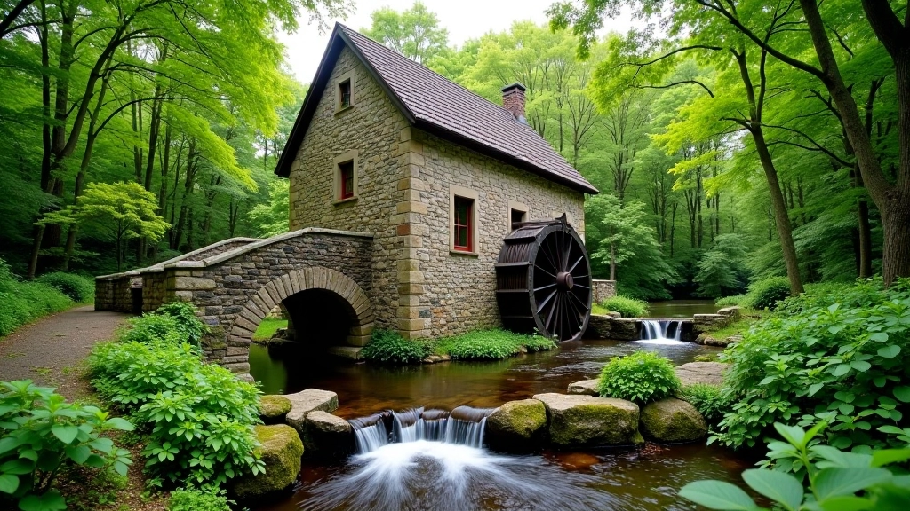 Watermill heritage site with stone structures and flowing water