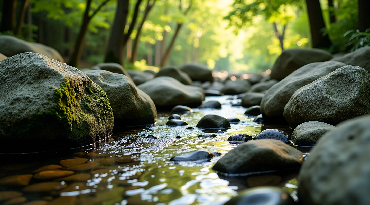 Boulder formations along a forest cbutton path with clear water flowing over smooth stones