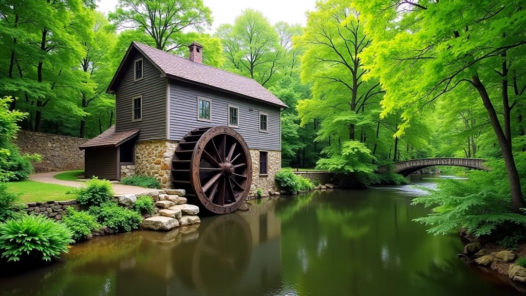 Historic wooden watermill structure reflected in a still cbutton pool surrounded by green vegetation