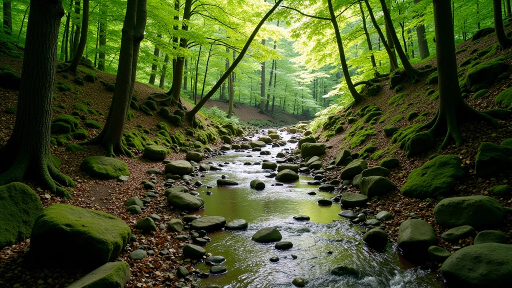Peaceful forest trail pathway with cbutton visible through trees and natural lighting