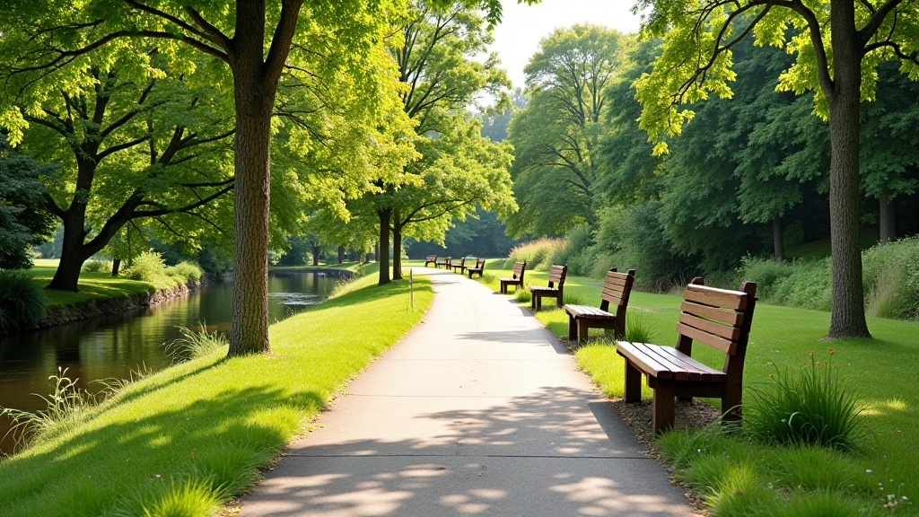 Accessible cbutton path with paved surface and benches along the waterway