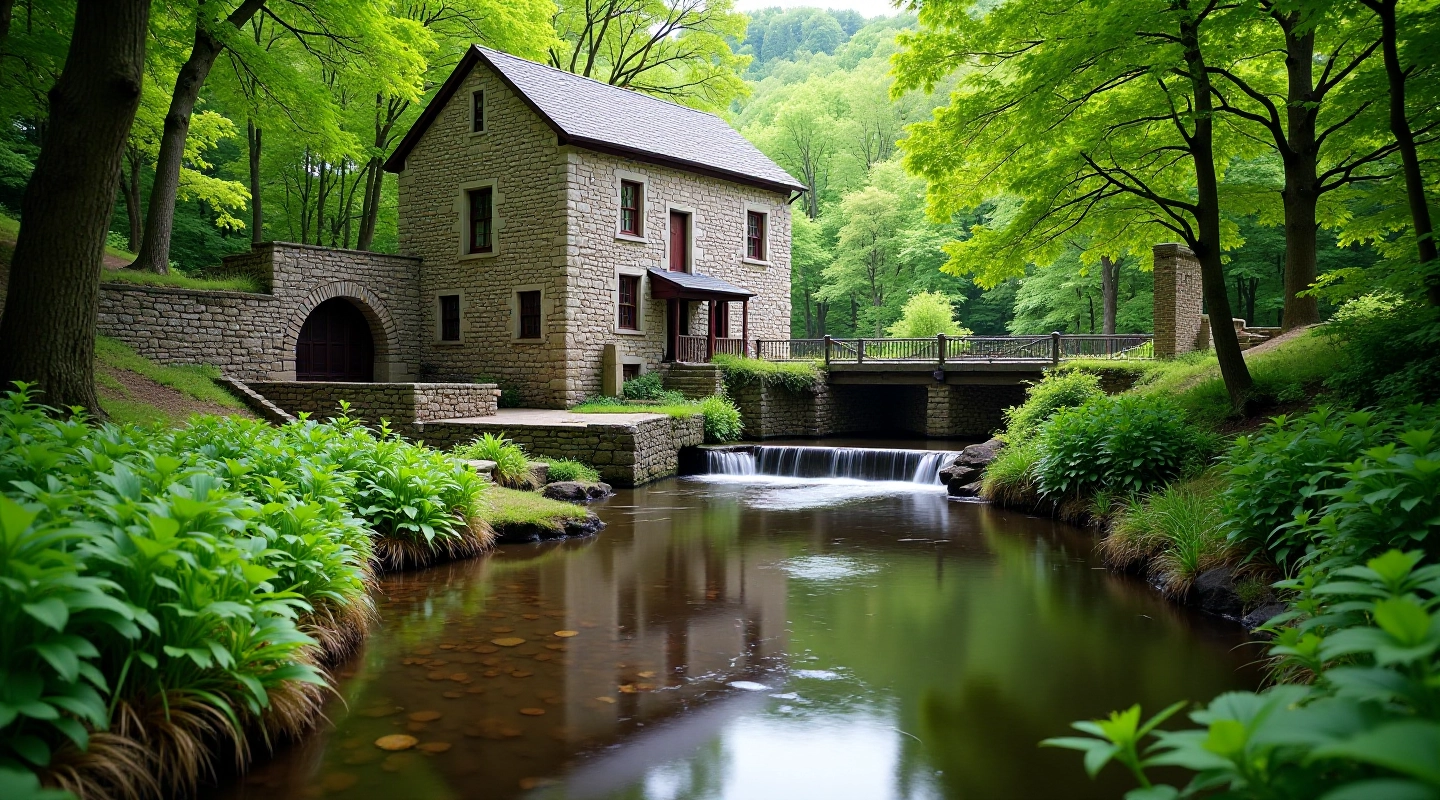 Historic watermill structure alongside peaceful cbutton with natural landscape