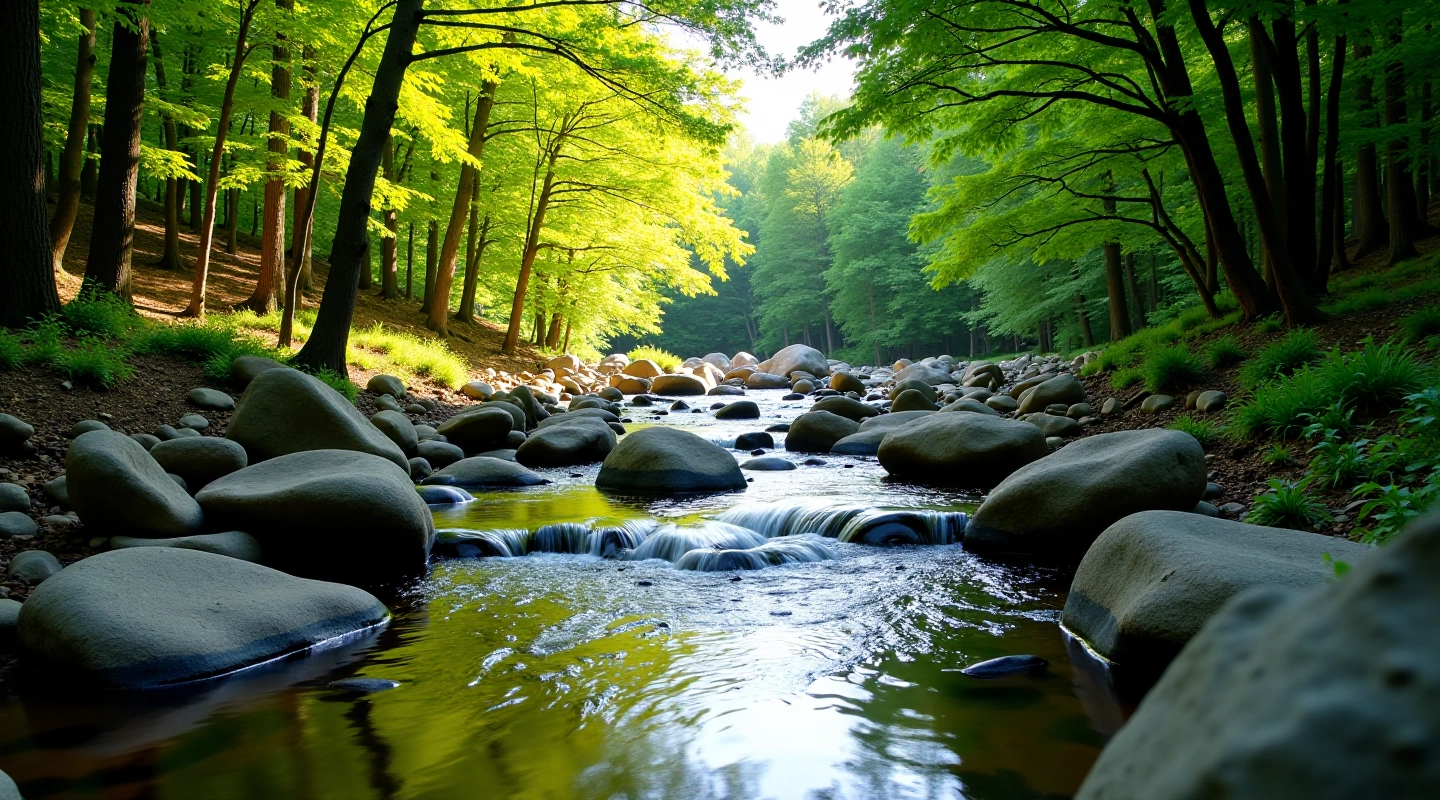 Scenic cbutton path winding through forest with clear water and smooth stones
