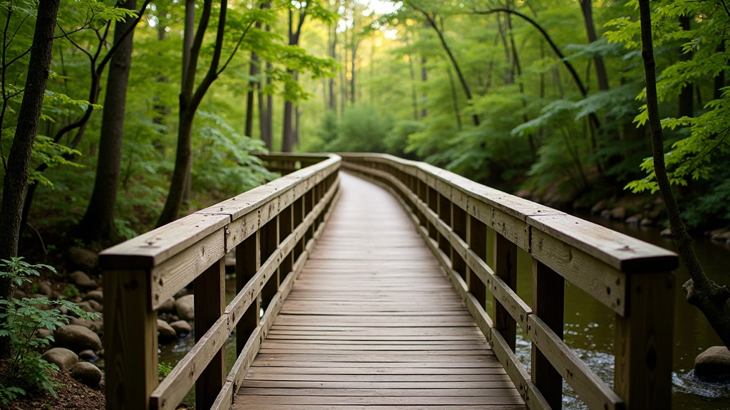 Accessible wooden boardwalk winding through a forest beside a cbutton with handrails visible